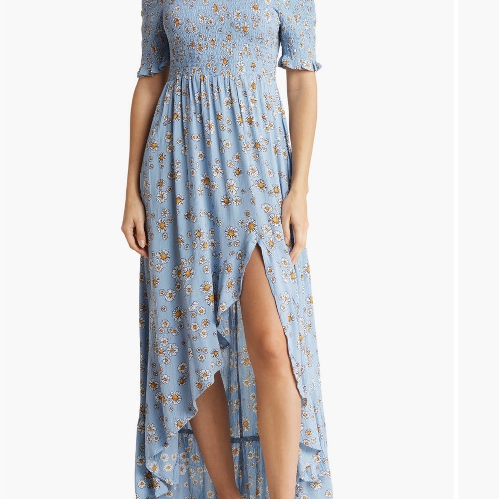 Light Blue Floral Smocked Maxi Dress -  Women